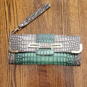 GUESS Crocodile Embossed Green and Gray Wristlet
